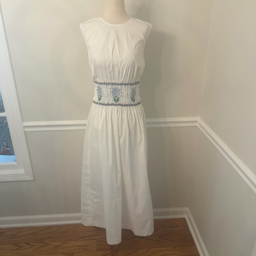 NWT White Cotton poplin embroidered midi dress- Size small